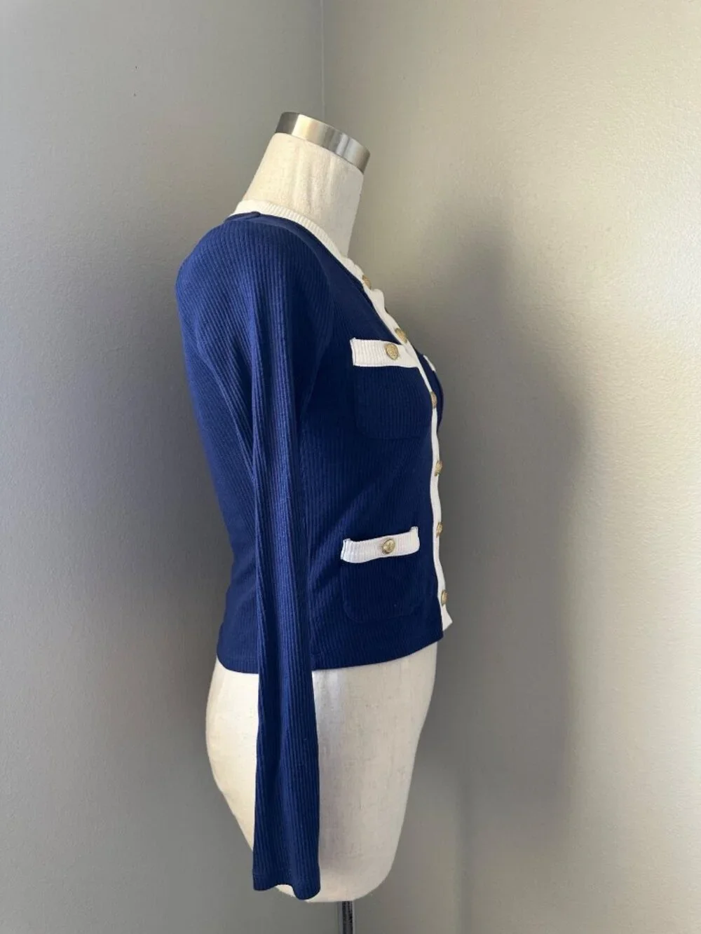 J.Crew Navy & White Ribbed Cardigan Sweater Long Sleeve Preppy Chic Sz XS